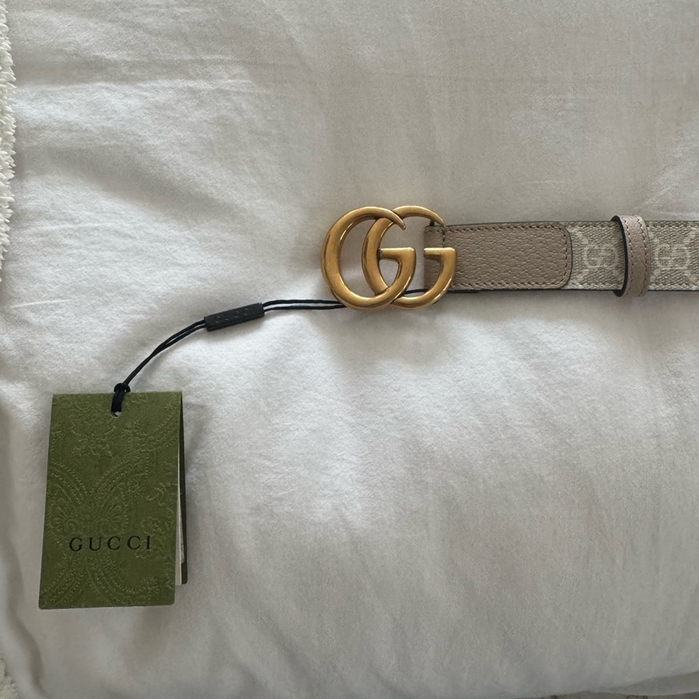 Gucci Tan and Gold Belt with Iconic GG Buckle